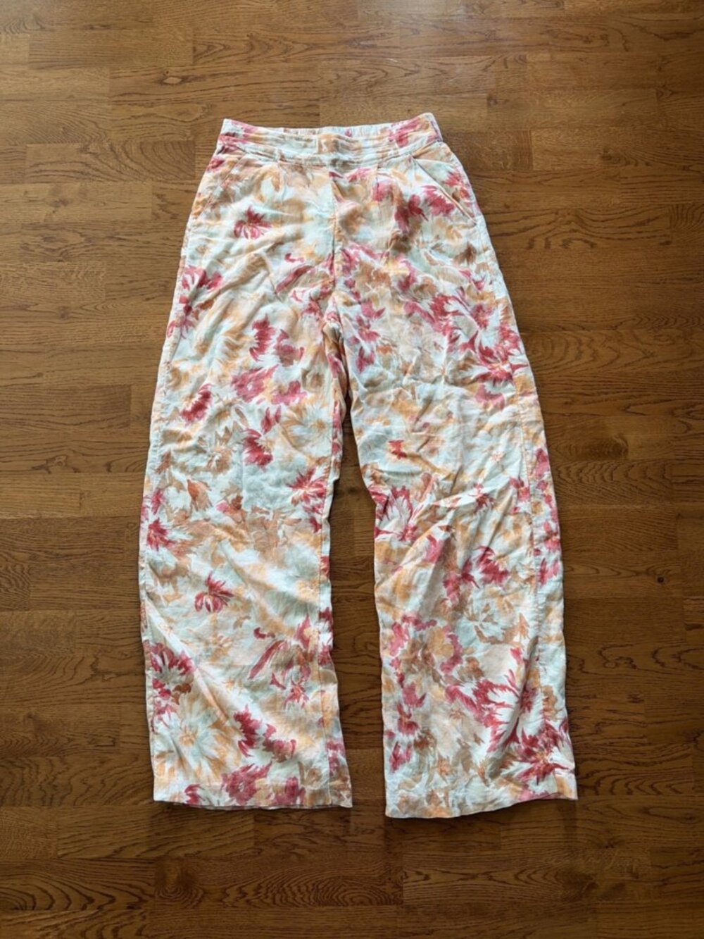 Abercrombie Women Linen Pants S Wide Leg Print Pull On Palazzo Ivory Floral Pink